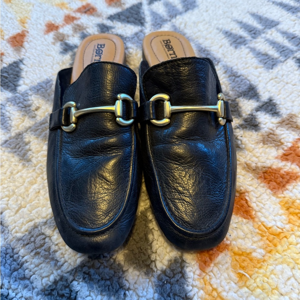 Born Black Leather Loafers with Gold Buckle